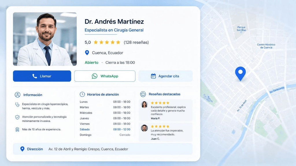 Mockup visual de contacto y presencia digital conectada a WhatsApp